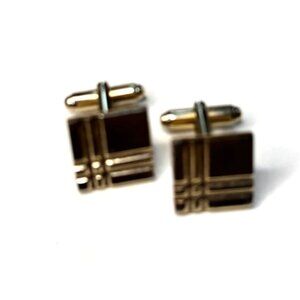 Gold Tone Geometric Square Cufflinks With Abstract Line Design